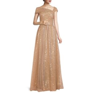 Terani CoutureSequin Asymmetrical Neck Cap Sleeve Ball Gown